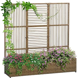 Outsunny Hochbeet mit Rankgitter in Rattan-Optik Pflanzkasten mit Rankhilfe für Kletterpflanzen …