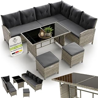 Juskys Polyrattan Lounge Manacor mit Ecksofa, Esstisch, 2 Hocker & Kissen – wetterfest bis 7 Pers…