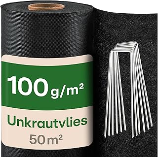 Praknu Unkrautvlies 100g/m2 Extra Stark – 50m2 – Unkrautfolie mit 24 Erdankern – Wasserdurchläss…