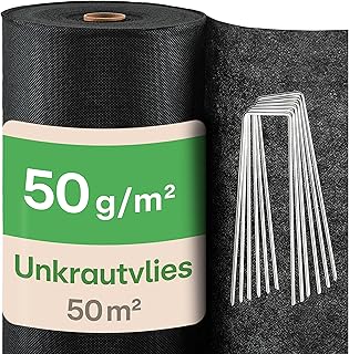 Praknu Unkrautvlies 50g/m2 Extra Stark – 50m2 – Unkrautfolie mit 24 Erdankern – Wasserdurchlässi…