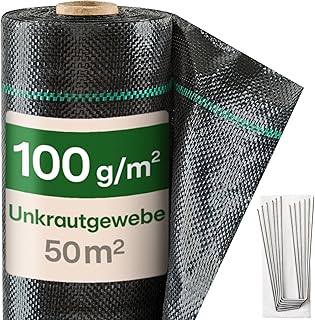 Praknu 50m² Anti Unkrautgewebe 100g/m² mit 24 Erdanker – Wasserdurchlässig & Extra Reißfest -…