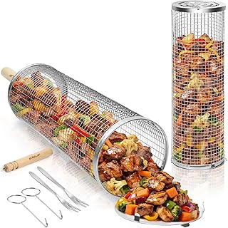 Rollendes Grillkorb Set 304 Edelstahl mit Abnehmbarem Holzgriff | Grill Zubehör für Gemüse | F…