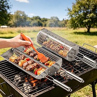 JUAUO 2-Stück Grillzubehör, Seitlicher Öffnung Zylindrischer Rotierender Grillkorb Set mit Ede…