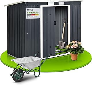 Juskys Gerätehaus Metall 4 m² – Geräteschuppen mit Pultdach, Schiebetür & Fundamentrahmen, …