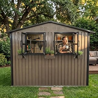Wetterfestes Gerätehaus mit Doppeltüren 1.8×2.76 m, Gartenhaus aus Stahl mit Blumenregal & Fens…