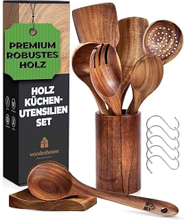 Holz Kochbesteck-Set mit Halter, Pfannenwender Kochlöffel Schöpfkelle Nudelheber Servierlöffel…