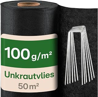 Praknu Unkrautvlies 100g/m² 50m² – extra stark – gegen Unkraut | Mit 24 Erdankern, wasserdu…